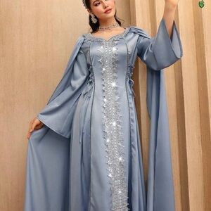 Embellished Light Blue Satin Evening Gown